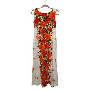Vintage 60s Ui-Maikai‎ Hawaiian Maxi Dress Size S White Orange Hibiscus Floral